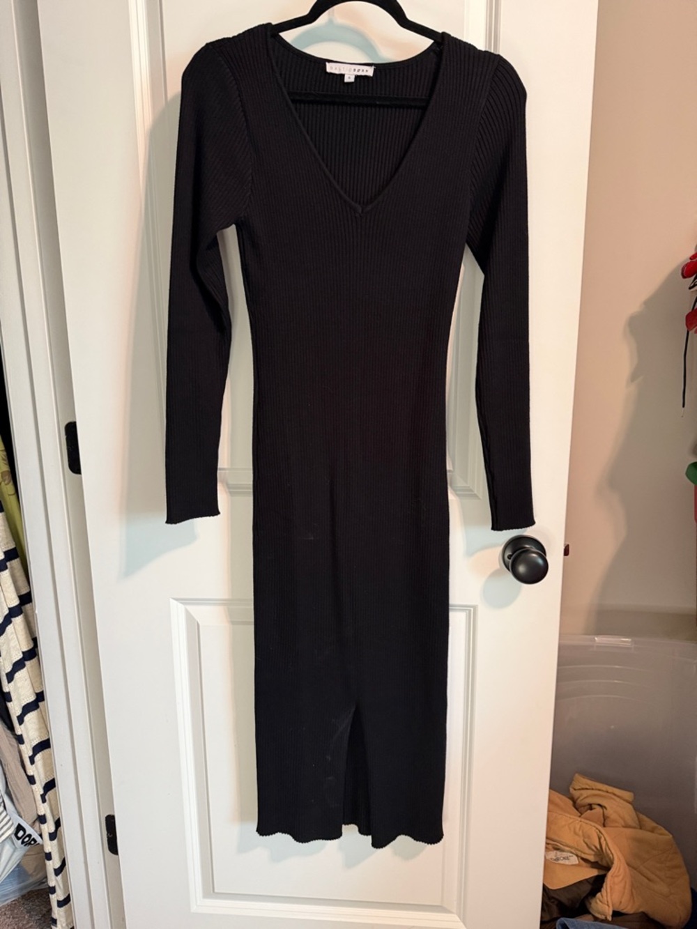Baltic Born Black Ribbed V-Neck Long Sleeve Midi Dress